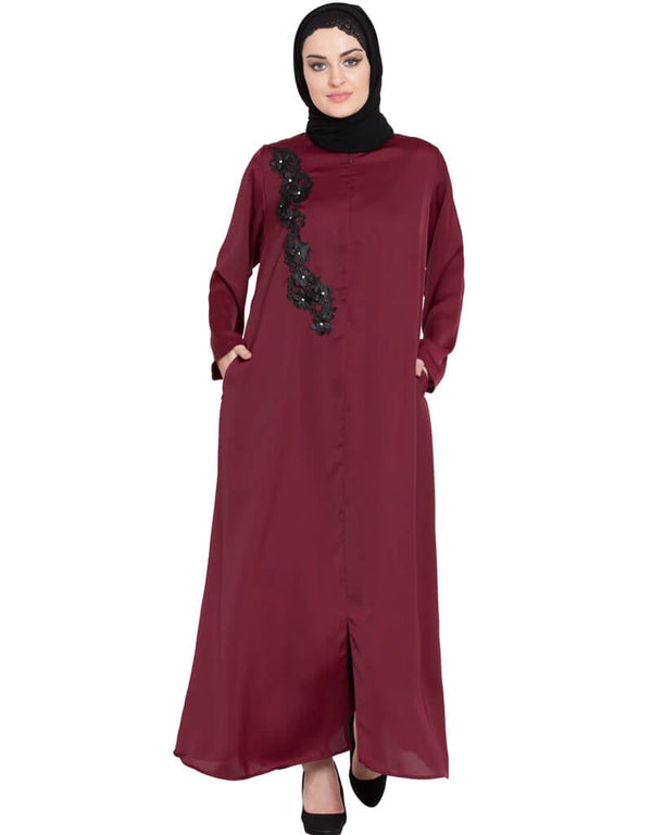 Islamic Front zip and slit patch work Nida Abaya Maroon Women Online shopping USA